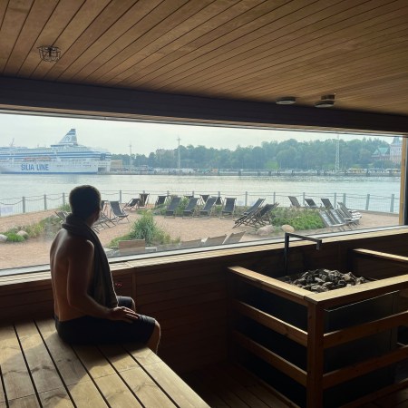 in a sauna at Allas Sea Pool, Helsinki, Finland